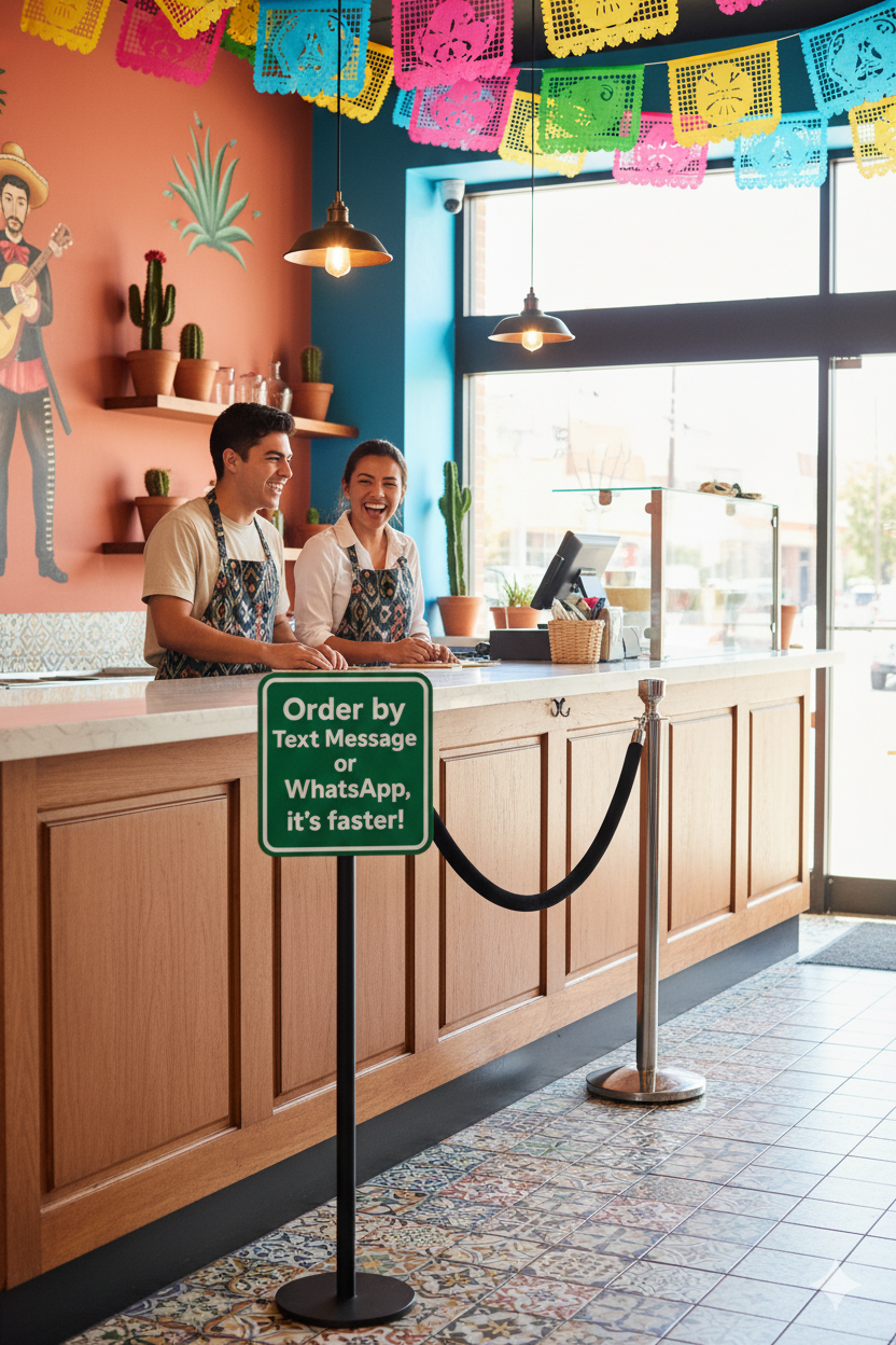Restaurant staff members behind service counter with sign promoting text message and WhatsApp ordering